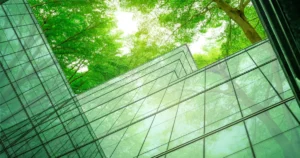 Façades vitrées vertes vues en contre-plongée sous le feuillage d’arbres, illustrant la certification HQE exploitation